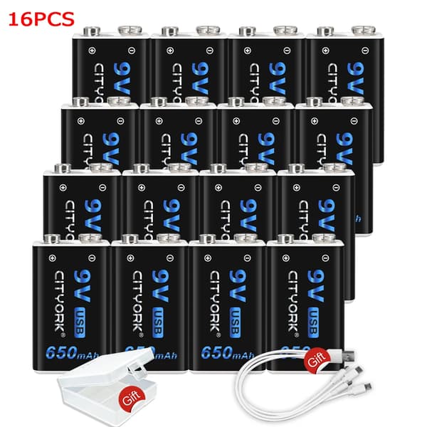 CITYORK 9V USB Genopladeligt Lithiumbatteri, 650mAh Kapacitet, Alsidige Anvendelser,16 stk.
