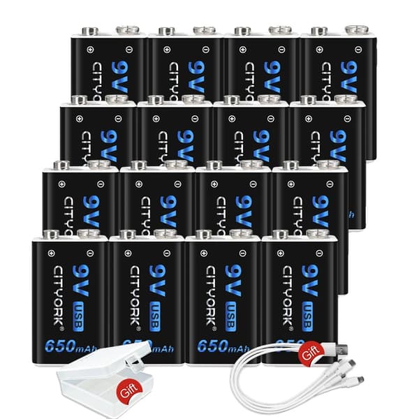 CITYORK 9V USB Genopladeligt Lithiumbatteri, 650mAh Kapacitet, Alsidige Anvendelser,16 stk.