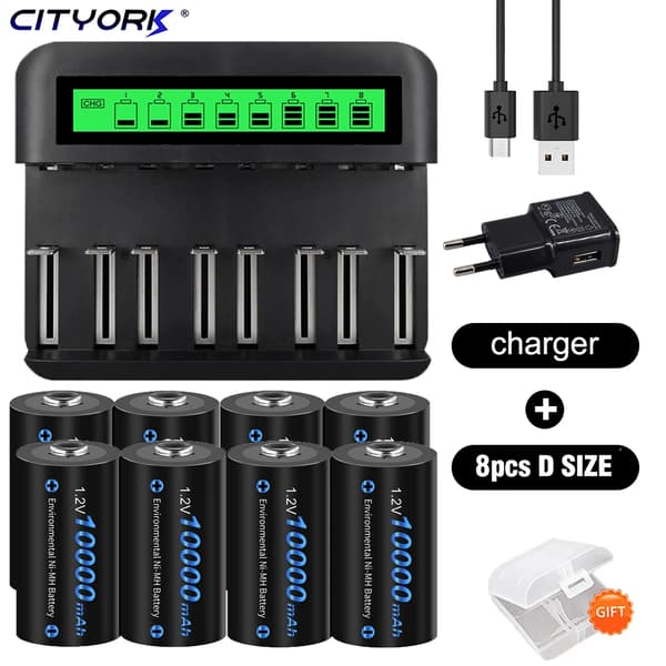 Genopladelige D-størrelse batterier, 6000-10000mAh kapacitet, hurtigopladningsfunktion,8 stk. og oplader