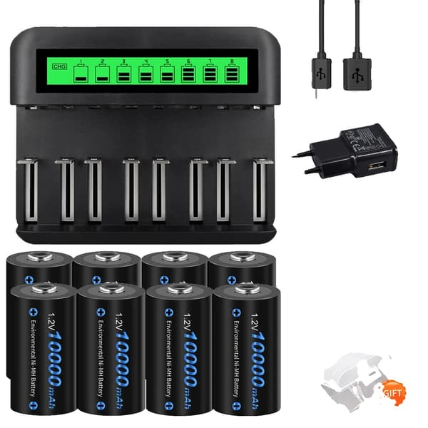Genopladelige D-størrelse batterier, 6000-10000mAh kapacitet, hurtigopladningsfunktion,8 stk. og oplader