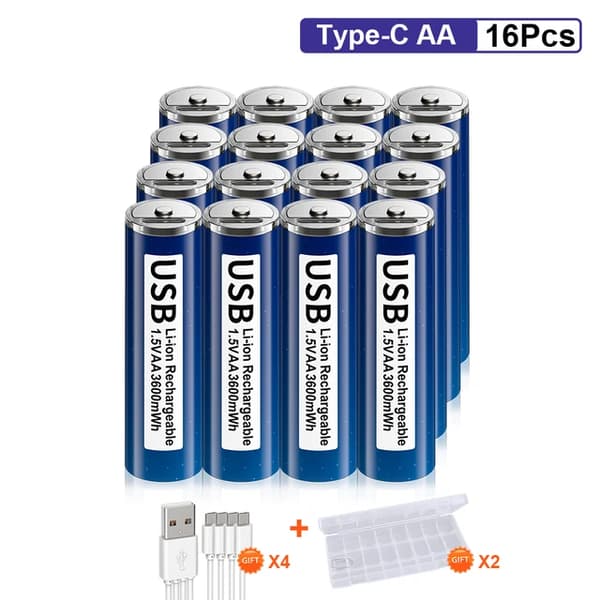 Genopladeligt Lithium Ion Batteri, 3600mWh Kapacitet, USB Type C Kabel Inkluderet, 16 AA med kabel