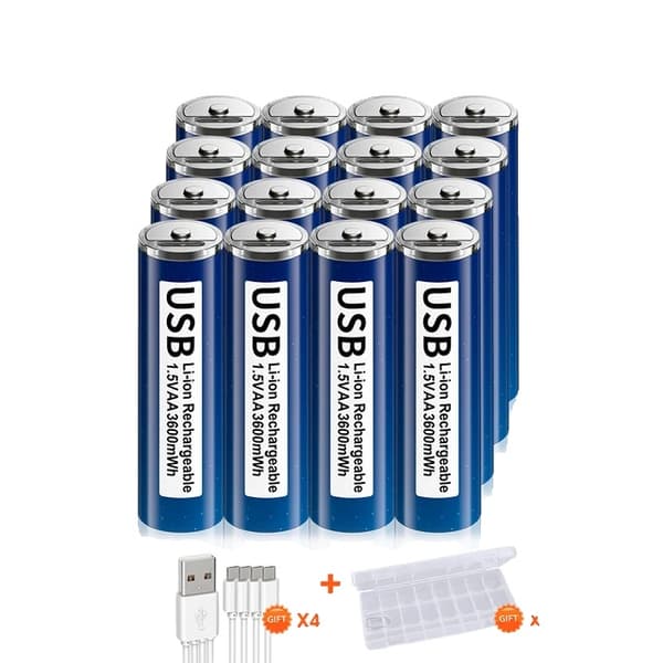 Genopladeligt Lithium Ion Batteri, 3600mWh Kapacitet, USB Type C Kabel Inkluderet, 16 AA med kabel