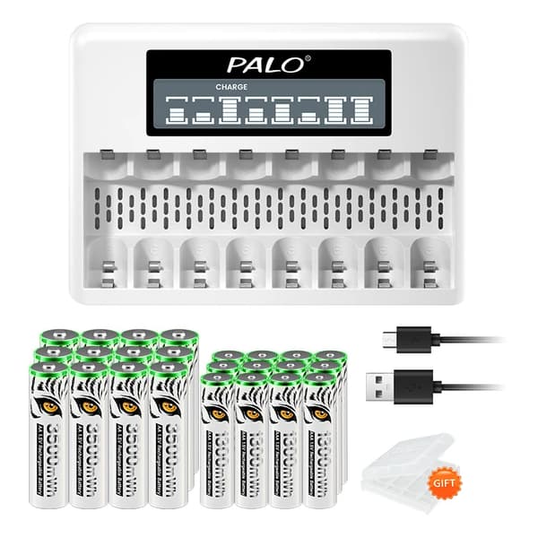 Uppladdningsbart Li-Ion-batteri, LCD-skärm, USB-laddare, 12AA12AAA 1Laddare