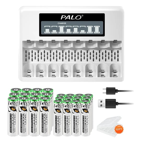 Uppladdningsbart Li-Ion-batteri, LCD-skärm, USB-laddare, 12AA12AAA 1Laddare