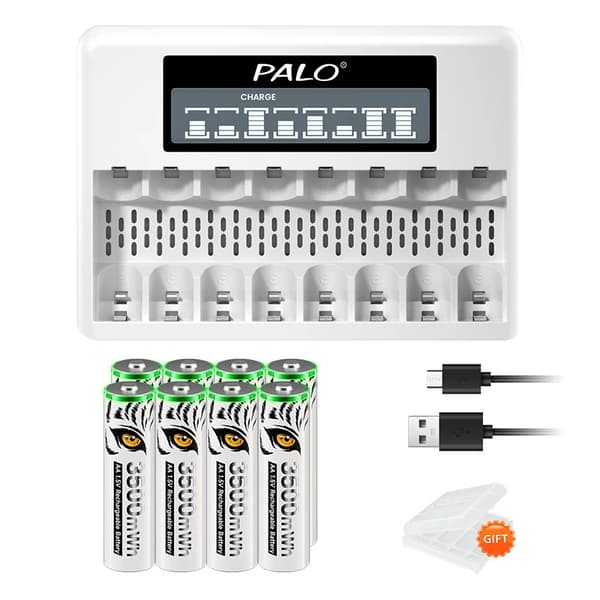 Genopladeligt Li-Ion batteri, LCD-skærm, USB-oplader, 8AA 1Oplader