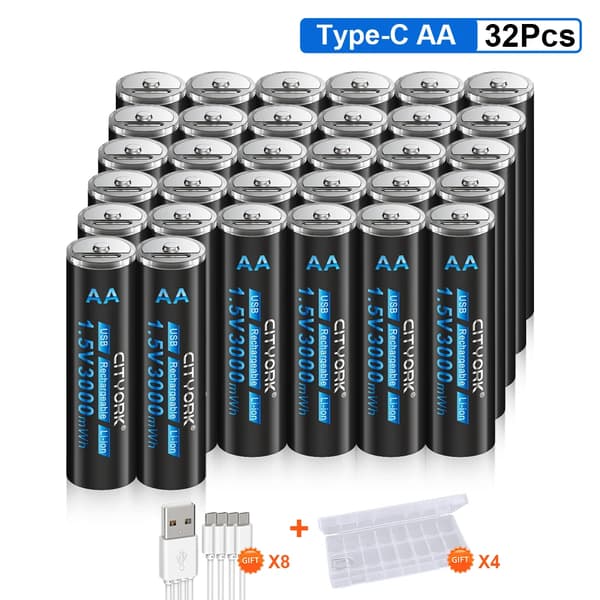 CITYORK Genopladeligt AA-batteri, 3000mWh kapacitet, USB-opladningsmetode,32 stk.