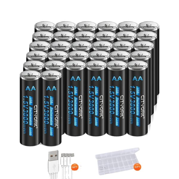 CITYORK Genopladeligt AA-batteri, 3000mWh kapacitet, USB-opladningsmetode,32 stk.