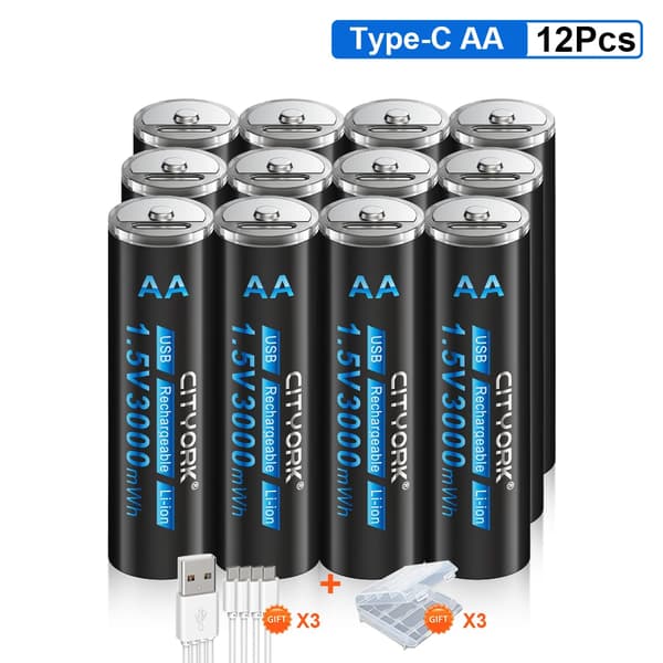 CITYORK Genopladeligt AA-batteri, 3000mWh kapacitet, USB-opladningsmetode,12 stk.