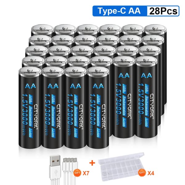 CITYORK Genopladeligt AA-batteri, 3000mWh kapacitet, USB-opladningsmetode,28 stk.