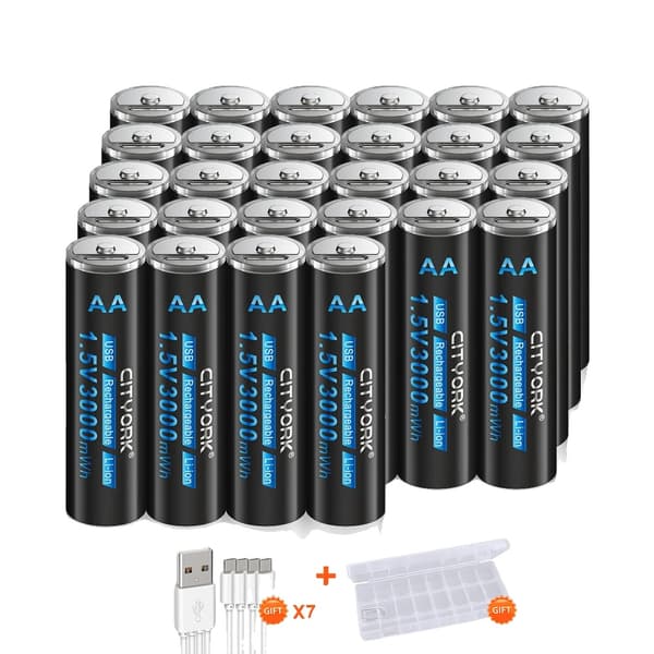 CITYORK Genopladeligt AA-batteri, 3000mWh kapacitet, USB-opladningsmetode,28 stk.