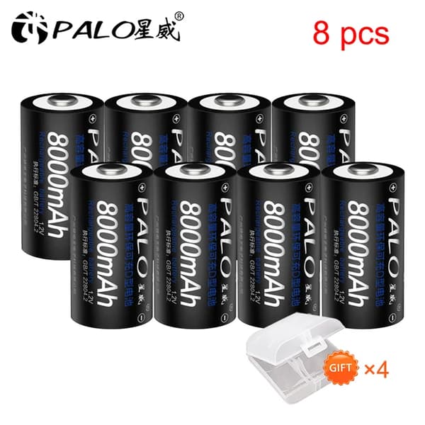 Genopladeligt D Batteri, 8000mAh Kapacitet, LCD Oplader, 8 stk batteri