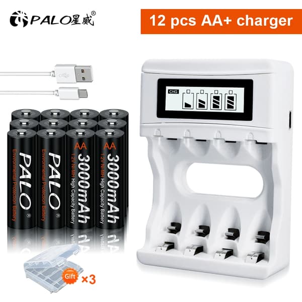 Genopladeligt AA-batteri, 3000mAh kapacitet, inkluderet smart oplader, 12V, 12AA og oplader