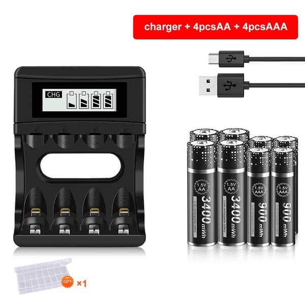 Lithium-ion genopladelig batterioplader, 3400 mWh AA kapacitet, 900 mWh AAA kapacitet,1,5V, 4AA4AAA og oplader