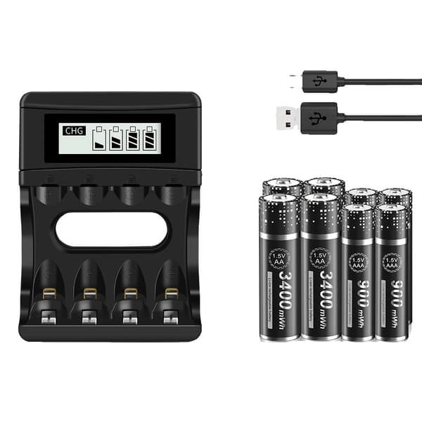 Lithium-ion genopladelig batterioplader, 3400 mWh AA kapacitet, 900 mWh AAA kapacitet,1,5V, 4AA4AAA og oplader