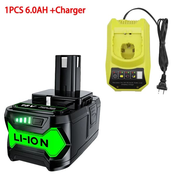 RYOBI 18V Litiumjonbatteri, 6000mAh kapacitet, kompatibelt med flera modeller,1 batteriladdare