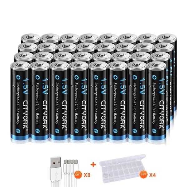 CITYORK AAA genopladelige batterier, 1200mWh kapacitet, Micro USB opladning,32 stk.
