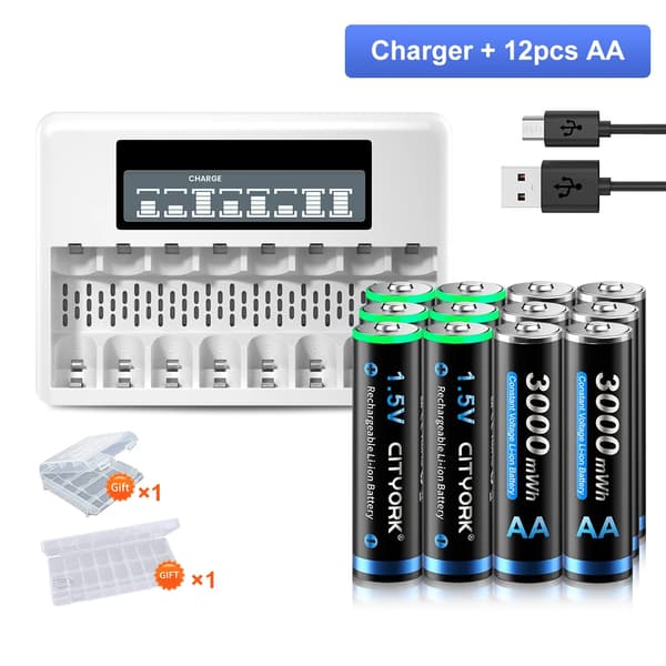 Genopladelige AA-batterier, 3000mWh kapacitet, CE-certificeret kvalitet,1 oplader 12 batteri