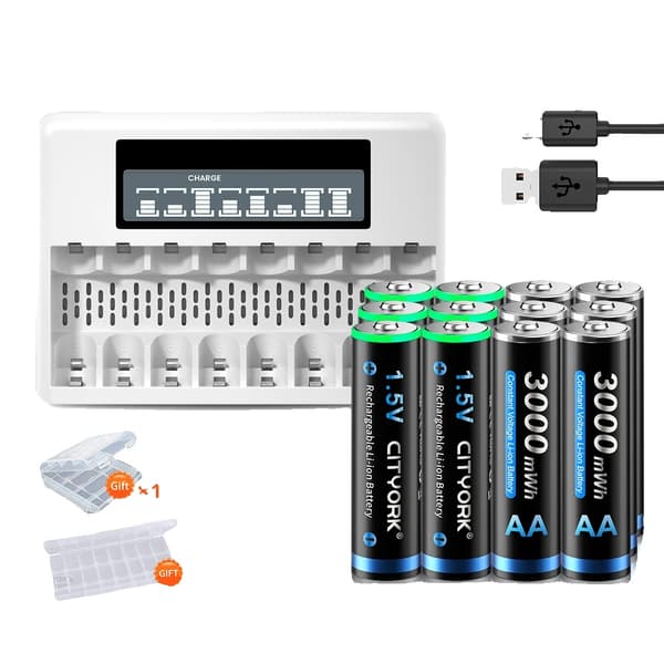 Genopladelige AA-batterier, 3000mWh kapacitet, CE-certificeret kvalitet,1 oplader 12 batteri