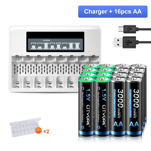 Laddningsbara AA-batterier, 3000mWh kapacitet, CE-certifierad kvalitet,1 laddare 16 batteri