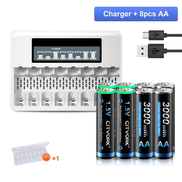 Genopladelige AA-batterier, 3000mWh kapacitet, CE-certificeret kvalitet,1 oplader 8 batterier