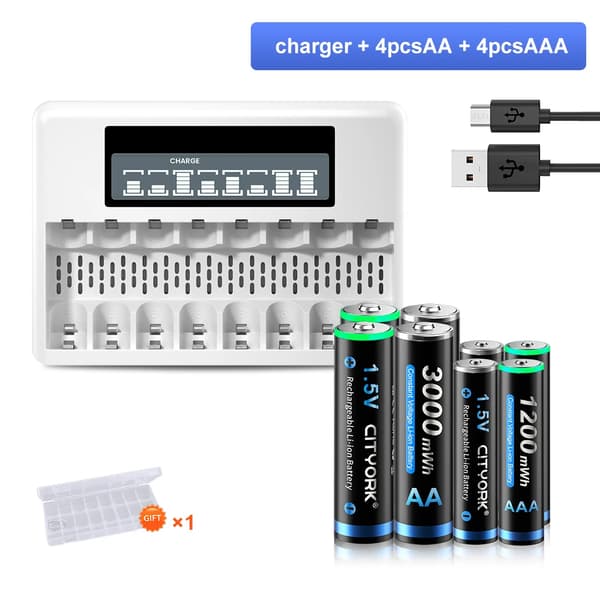 Genopladeligt lithiumbatteri, langvarig strøm, smart LCD-oplader, 4AA 4AAA 1Oplader