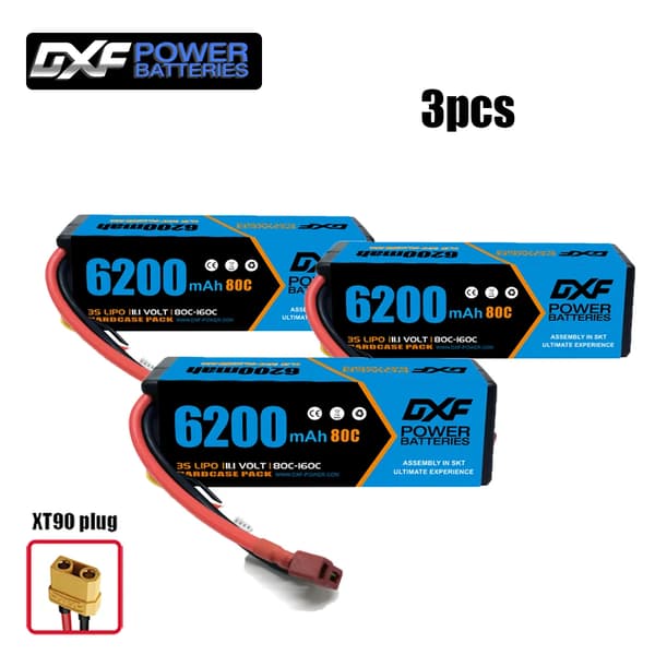 DXF 3S Lipo-batteri, 6200 mAh kapacitet, 80C afladningsrate,3PCS3S620080CXT90