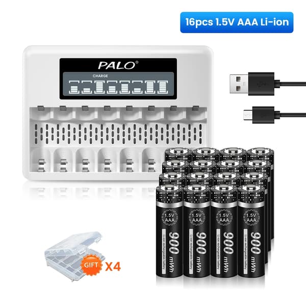 PALO 1.5V AAA Genopladeligt Batteri Sæt, LCD Display Oplader, Høj Kapacitet 900mWh,16AAA 1 Oplader