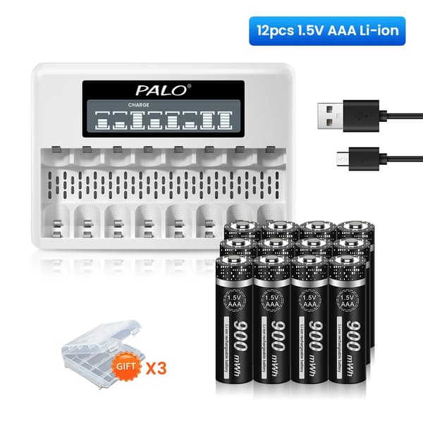 PALO 1.5V AAA Genopladeligt Batteri Sæt, LCD Display Oplader, Høj Kapacitet 900mWh,12AAA 1 Oplader