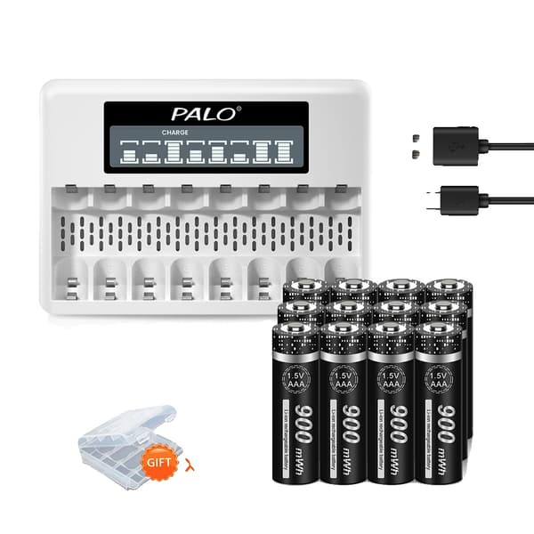 PALO 1.5V AAA Genopladeligt Batteri Sæt, LCD Display Oplader, Høj Kapacitet 900mWh,12AAA 1 Oplader