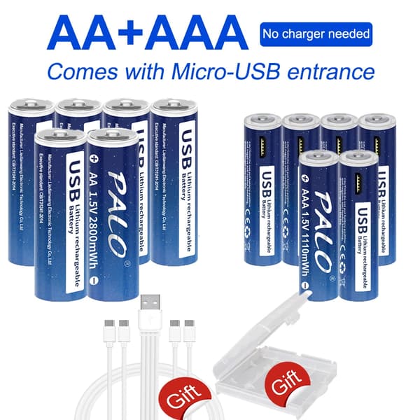 PALO USB genopladelige batterier, 2800mWh AA kapacitet, 1110mWh AAA kapacitet,6AA 6AAA