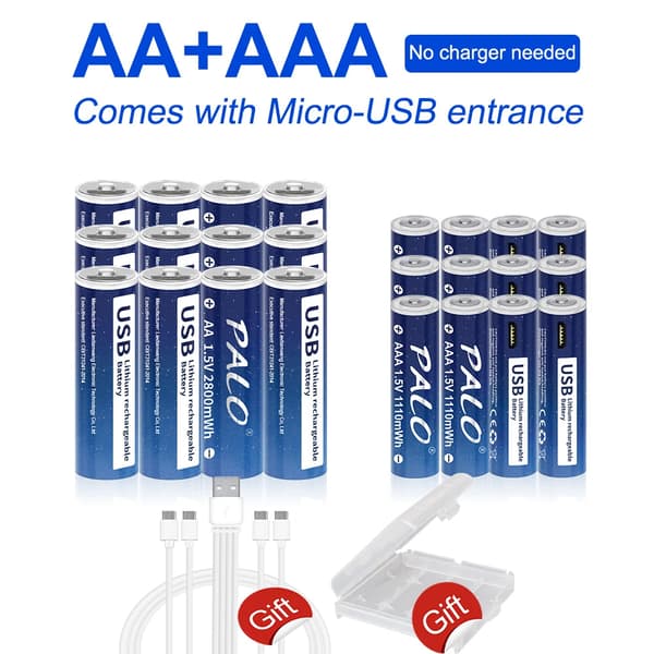 PALO USB genopladelige batterier, 2800mWh AA kapacitet, 1110mWh AAA kapacitet,12AA 12AAA