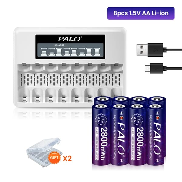 PALO AA Li-ion genopladeligt batteri, 8 stk. med 1 oplader, USB-opladning inkluderet,8 stk. med 1 oplader, 1,5V