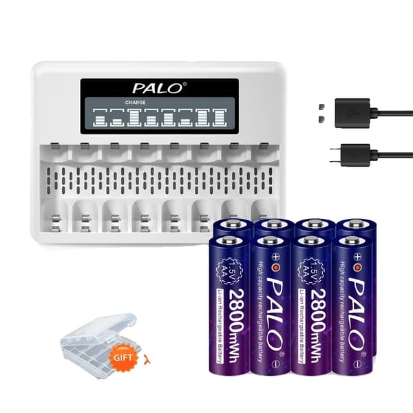 PALO AA Li-ion genopladeligt batteri, 8 stk. med 1 oplader, USB-opladning inkluderet,8 stk. med 1 oplader, 1,5V