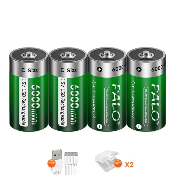 Genopladeligt D-størrelse batteri, USB-opladning, Lithium-ion teknologi, 4 stk C-størrelse batteri