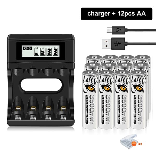 Genopladelige AA Lithium Batterier, Høj Kapacitet 3500mWh, LCD Oplader Inkluderet,12 batteri 1 oplader