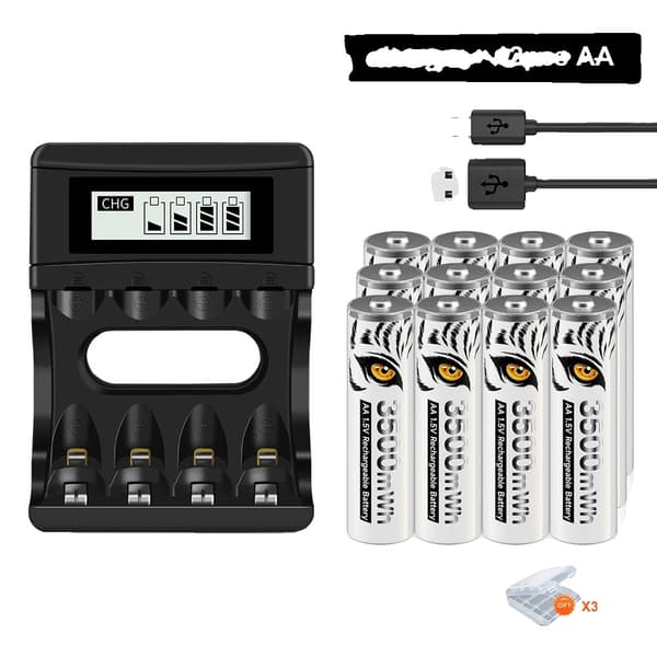 Genopladelige AA Lithium Batterier, Høj Kapacitet 3500mWh, LCD Oplader Inkluderet,12 batteri 1 oplader