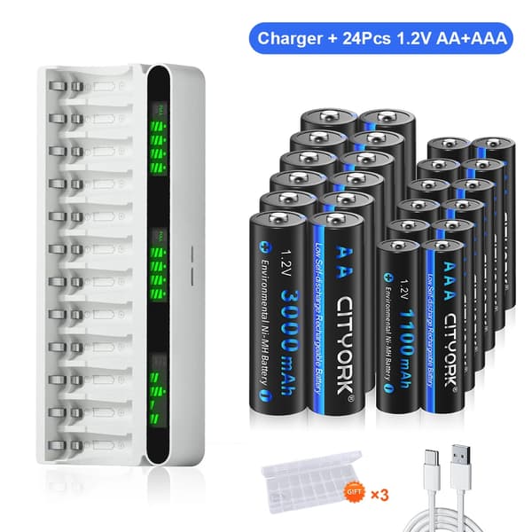 Genopladelig batterioplader, 12-slot design, inkluderer 24 batterier,12AA 12AAA 1oplader