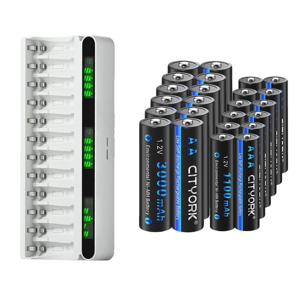 Genopladelig batterioplader, 12-slot design, inkluderer 24 batterier,12AA 12AAA 1oplader