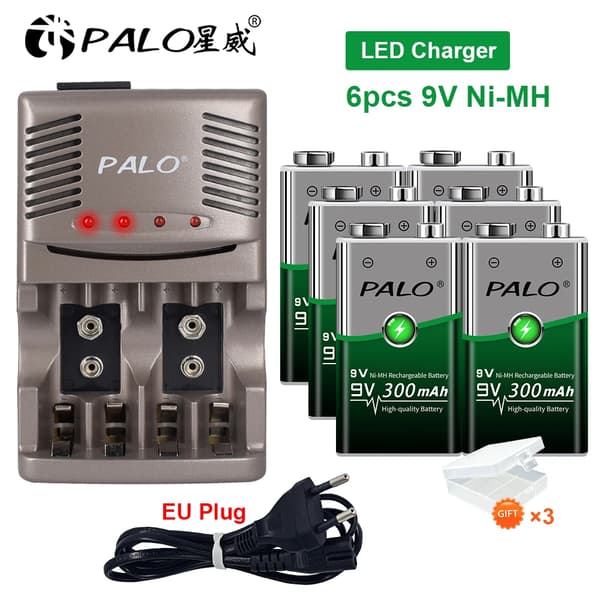 Genopladeligt 9V batteri, Ni-MH teknologi, inkluderer batterioplader, 6 batteri og oplader, 9V