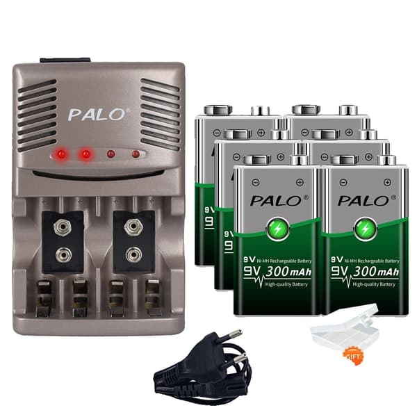 Genopladeligt 9V batteri, Ni-MH teknologi, inkluderer batterioplader, 6 batteri og oplader, 9V