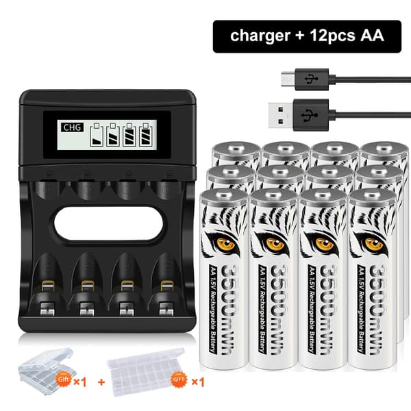 Genopladelige AA-batterier, 3500mWh kapacitet, USB-oplader inkluderet,12AA 1Lader