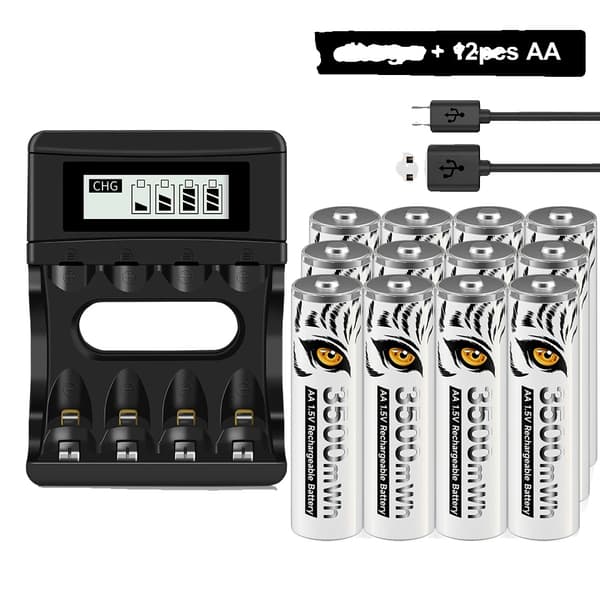 Genopladelige AA-batterier, 3500mWh kapacitet, USB-oplader inkluderet,12AA 1Lader