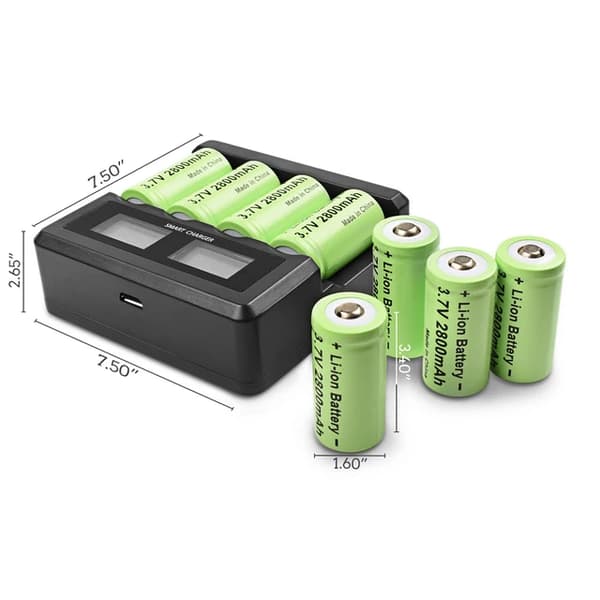 Genopladeligt 16340 batteri, 2800mAh kapacitet, Li-Ion teknologi, 3,7v, 8-batteri opladning