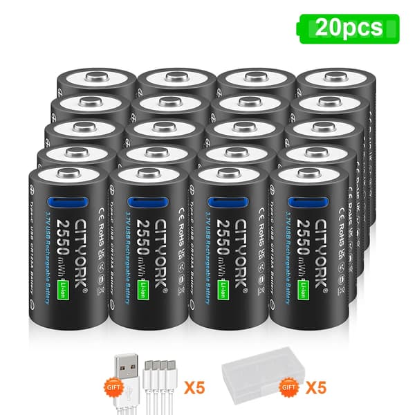 CITYORK CR123A Genopladeligt Batteri, 2550mWh Kapacitet, USB Opladning,20 stk 16340 batteri