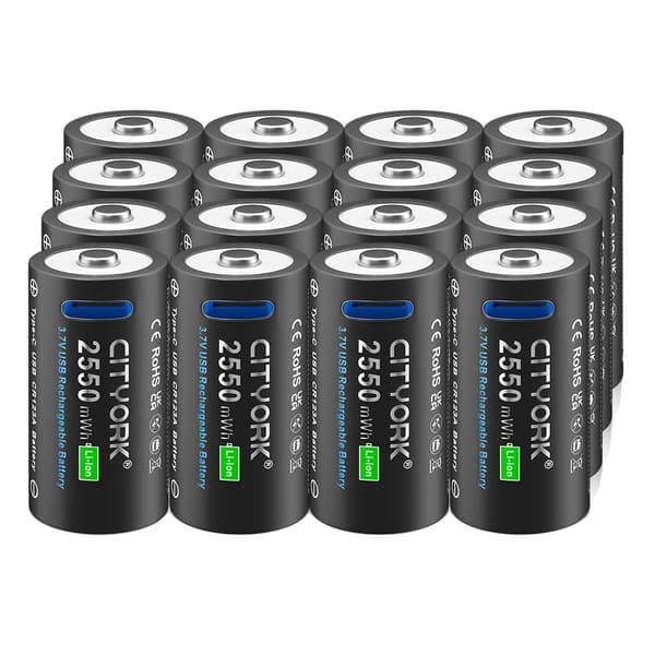 CITYORK CR123A Genopladeligt Batteri, 2550mWh Kapacitet, USB Opladning,16 stk. 16340 batteri