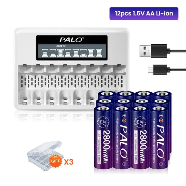 1,5V AA Genopladeligt Li-ion-batteri, 2800mwh kapacitet, opladning af slots,12batteri 1oplader