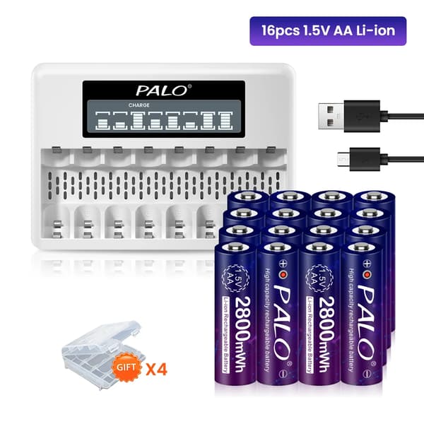 1,5V AA Genopladeligt Li-ion-batteri, 2800mwh kapacitet, opladning af slots,16batteri 1oplader