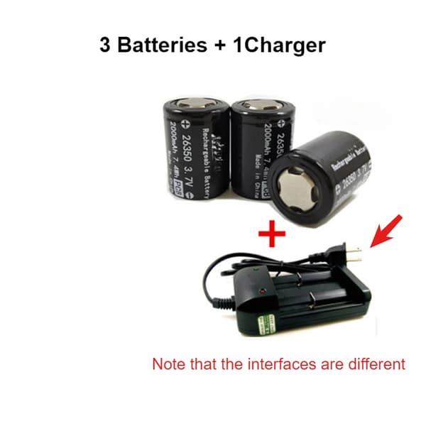 Batteri og Oplader, 26350, 2000 mAh, Lithium Kobalt Oxid,3Batterier 1Lader-a