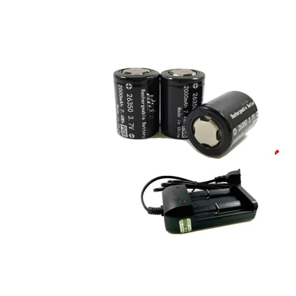 Batteri og Oplader, 26350, 2000 mAh, Lithium Kobalt Oxid,3Batterier 1Lader-a