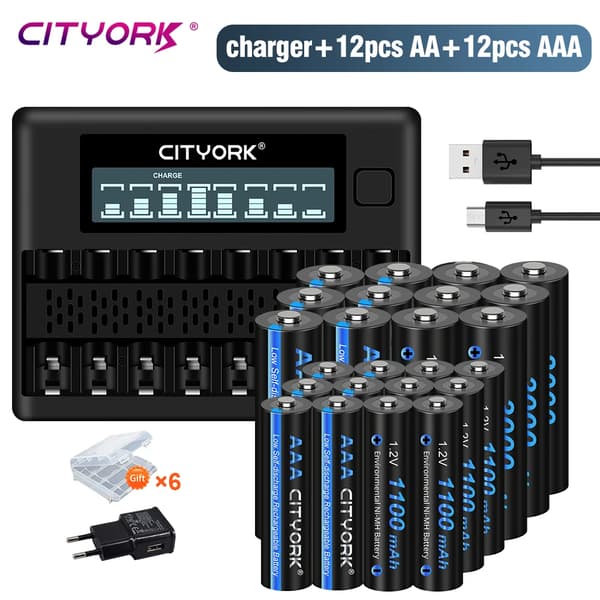 Genopladeligt batterisæt, 3000mAh AA-batteri, 1100mAh AAA-batteri, inkluderer oplader,12AA 12AAA 1oplader